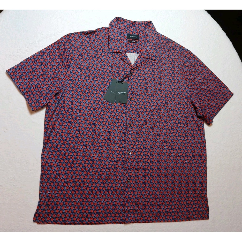 BUGATCHI Cole Camp Shirt Mens XXL NWT Ruby Red Blue Floral OoohCotton 8-Way Strc
